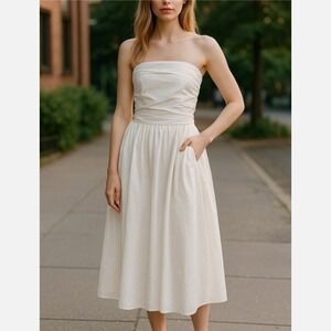 Band Of The Free Smocked Strapless Midi Dress L White Cotton Old Money Romantic